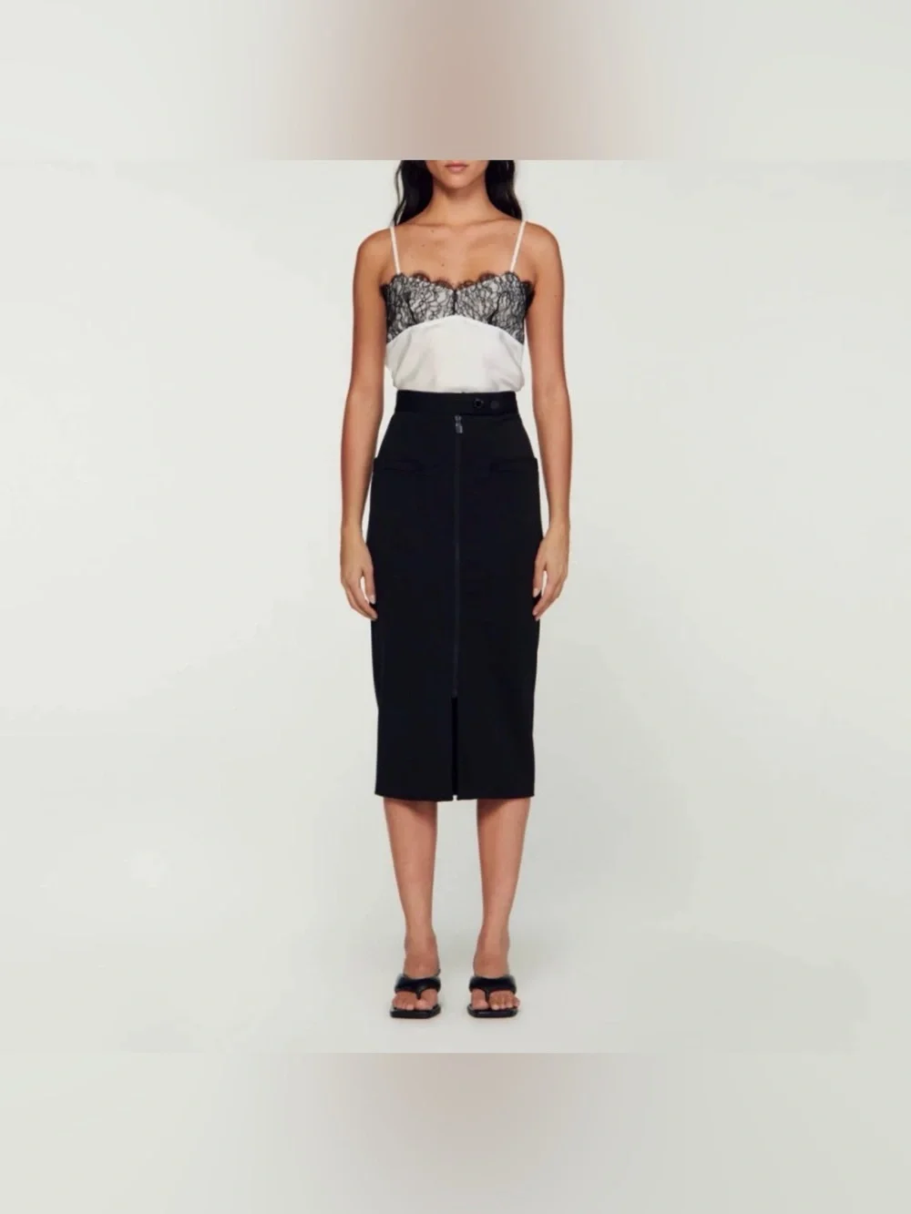 Sandro Black Front-Zip High-Waist Midi Skirt / size 38/M/L
